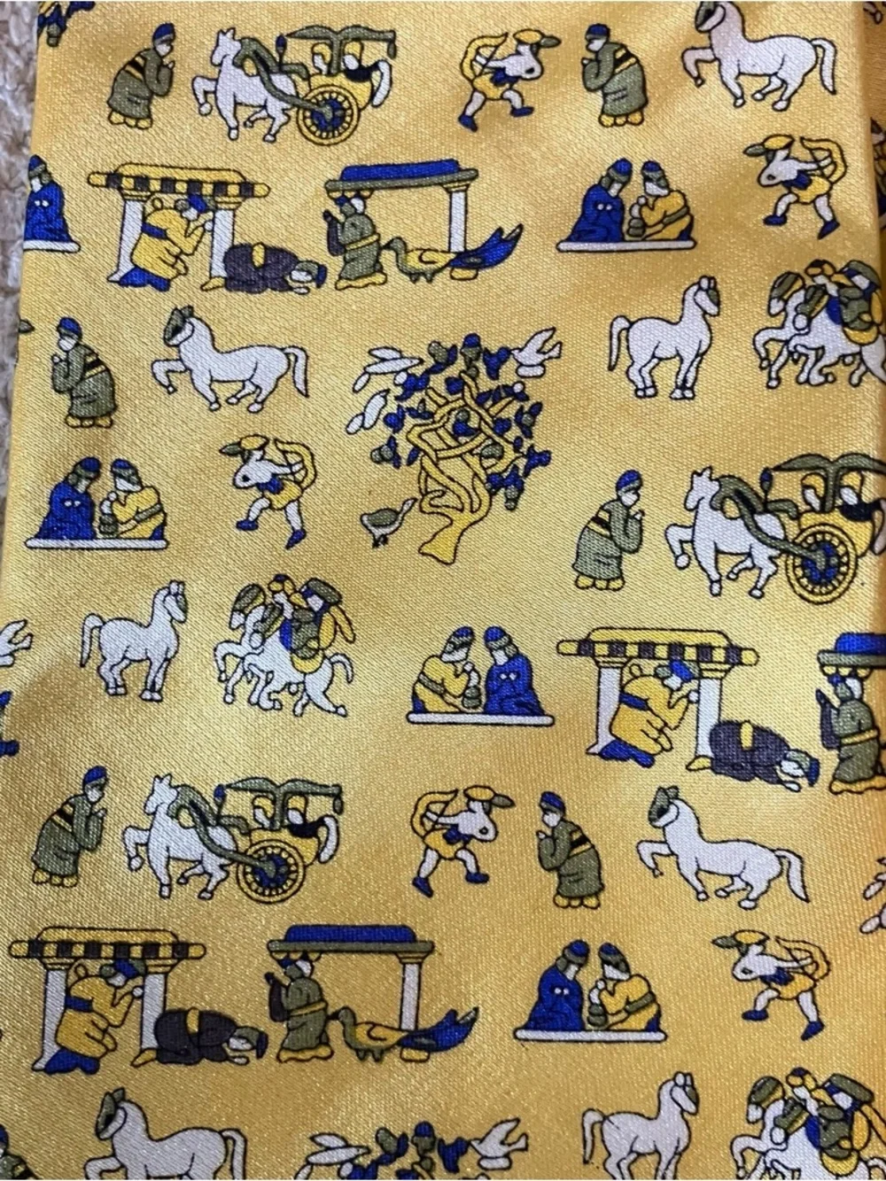 Men's Necktie Tie 100% Silk Yellow Asian Warrior Horses Temples Print